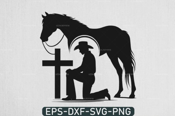 Cowboy Praying at Cross Kneeling – A Graphic Asset for Crafts and Branding